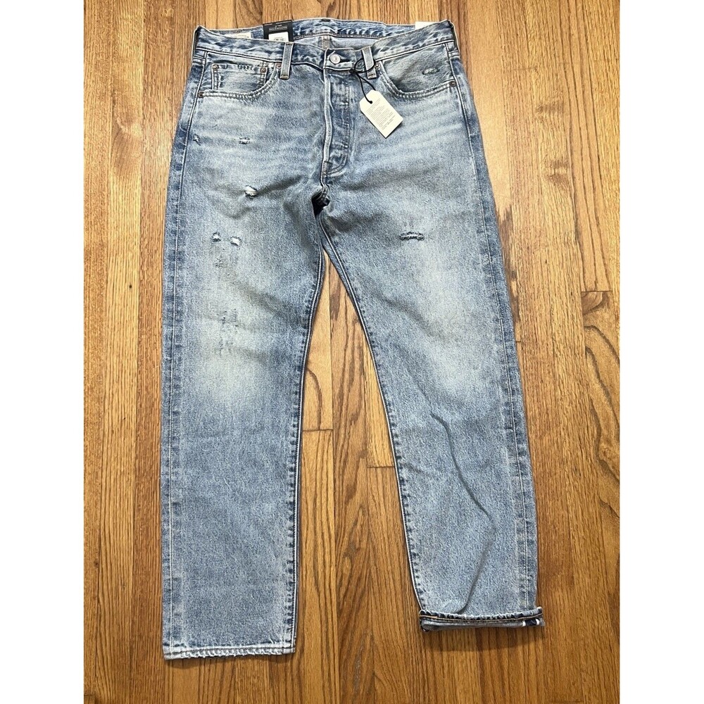 Levis Mens 501 Slim Taper Distressed Selvedge Denim Light Wash Jeans Size 35x30